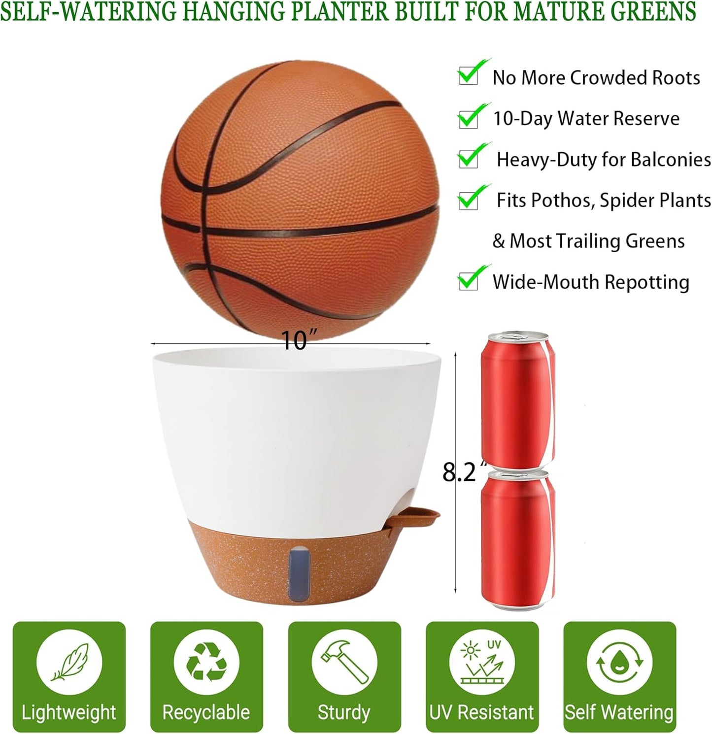 10 Inch Hanging Planters for Indoor Plants & Outdoor - 2 Pack Self-Watering Hanging Pots with Drainage Holes, Visual Reservoir, 2 Hangers - Self-Watering Hanging Baskets Flower Pots