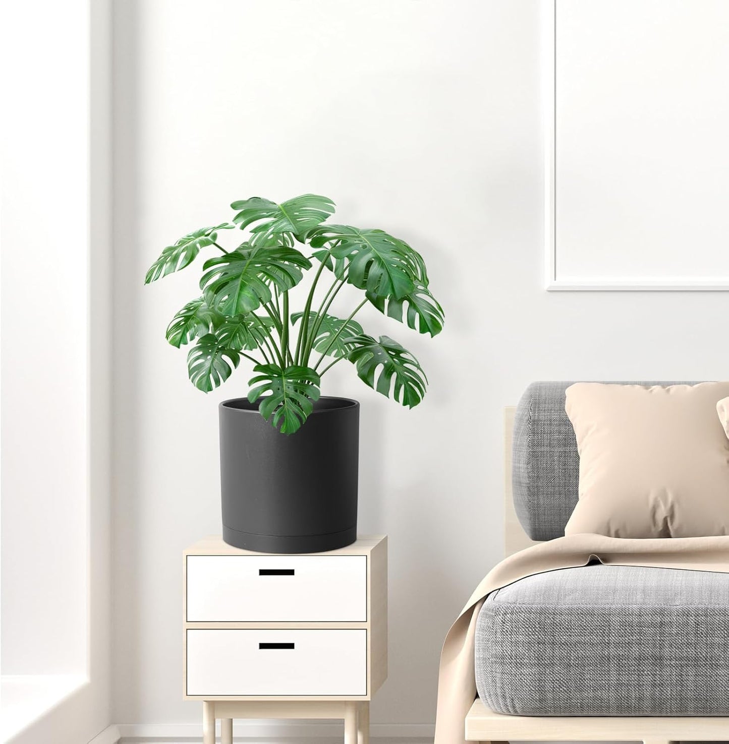 10 Inch Large Deep Plant Pots for Indoor Outdoor Plants, Tall Cylinder Flower Pots with Drainage Holes and Saucer, Big Plastic Planter Pots for Garden Porch House Plants, Black