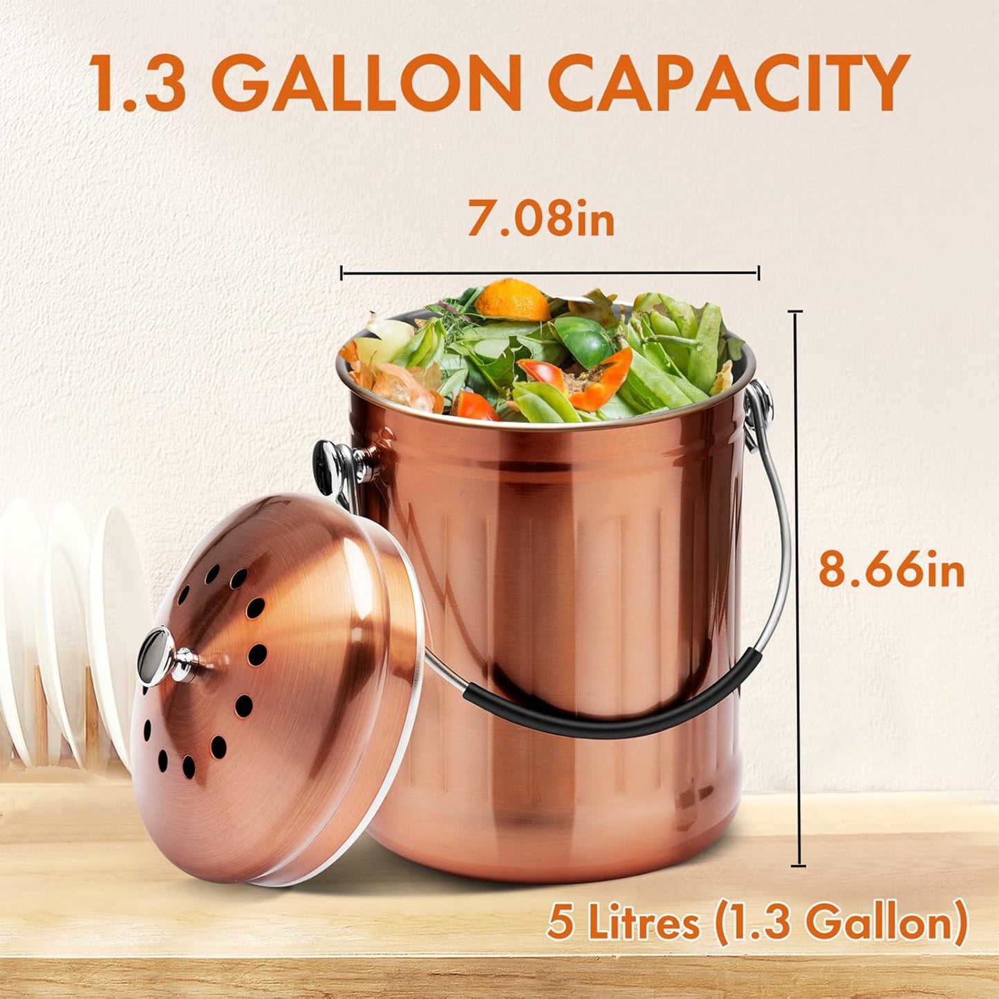 ENLOY Compost Bin for Kitchen Countertop, 1.3 Gallon Matte Copper Stainless Steel Compost Bucket with Lid, Odorless Food Waste Bucket with 2 Charcoal Filters, Indoor Compost Pail with SOFT-GRIP Handle