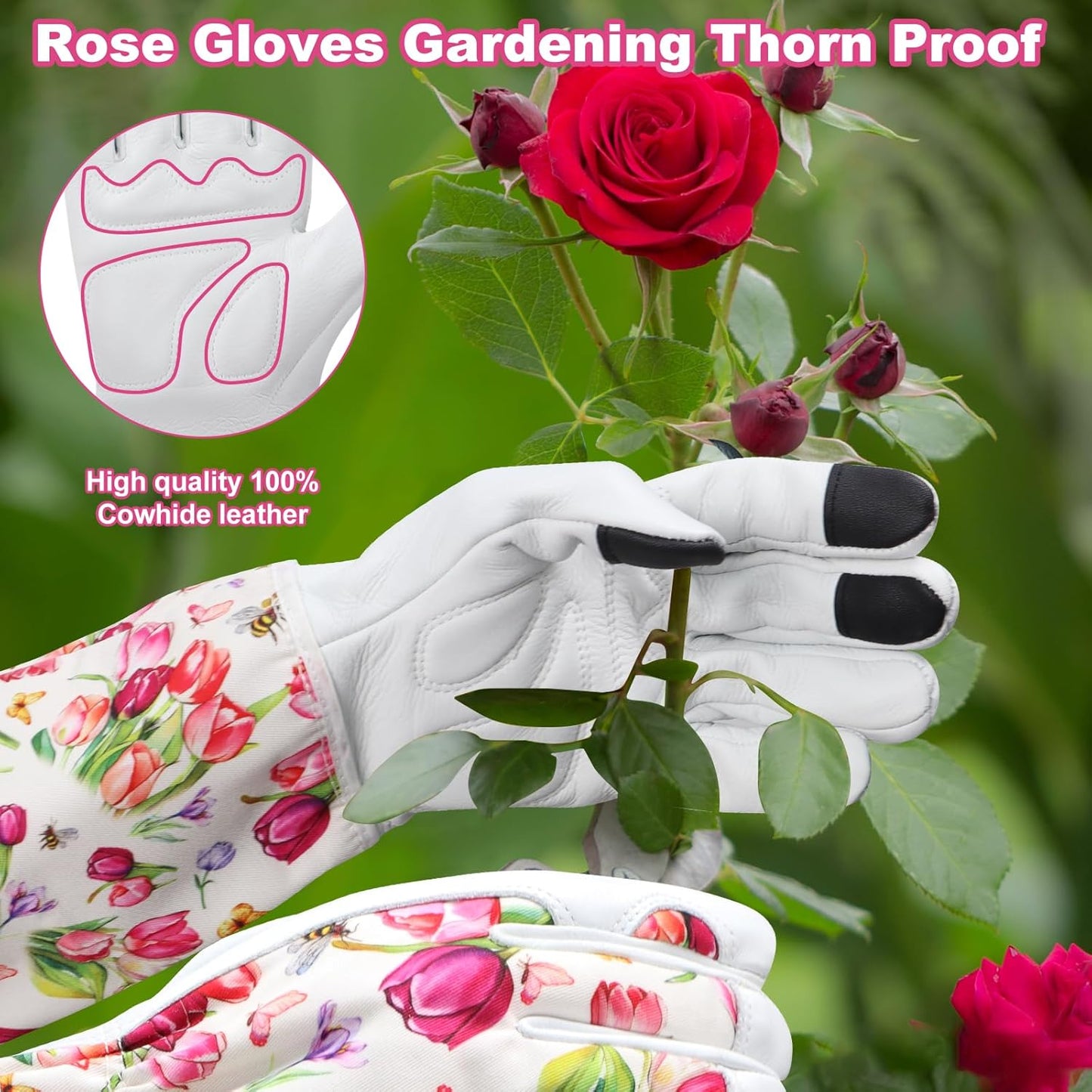 DLY Gardening Gloves for Women, Rose Gloves Gardening Thorn Proof, Long Garden Gloves for Women, Breathable Cowhide Leather Gauntlet(Medium,White)