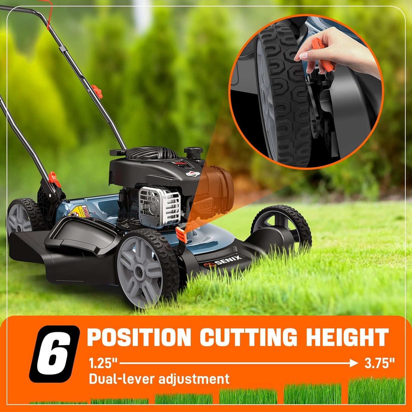 SENIX LSPG-M3 21-Inch Gas Push Lawn Mower with 125 cc 4-Cycle Briggs & Stratton Engine, 2-in-1,Mulching and Side Discharge, 6-Position Dual Lever Height Adjustment