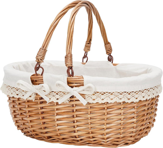 G GOOD GAIN Oval Picnic Basket with Folding Handles, Willow Hand Woven Shopping Basket, Bath Toy Kids Toy Storage Gift Packing Basket, Wicker Empty Easter Eggs and Candy Small Gift Basket.Cream