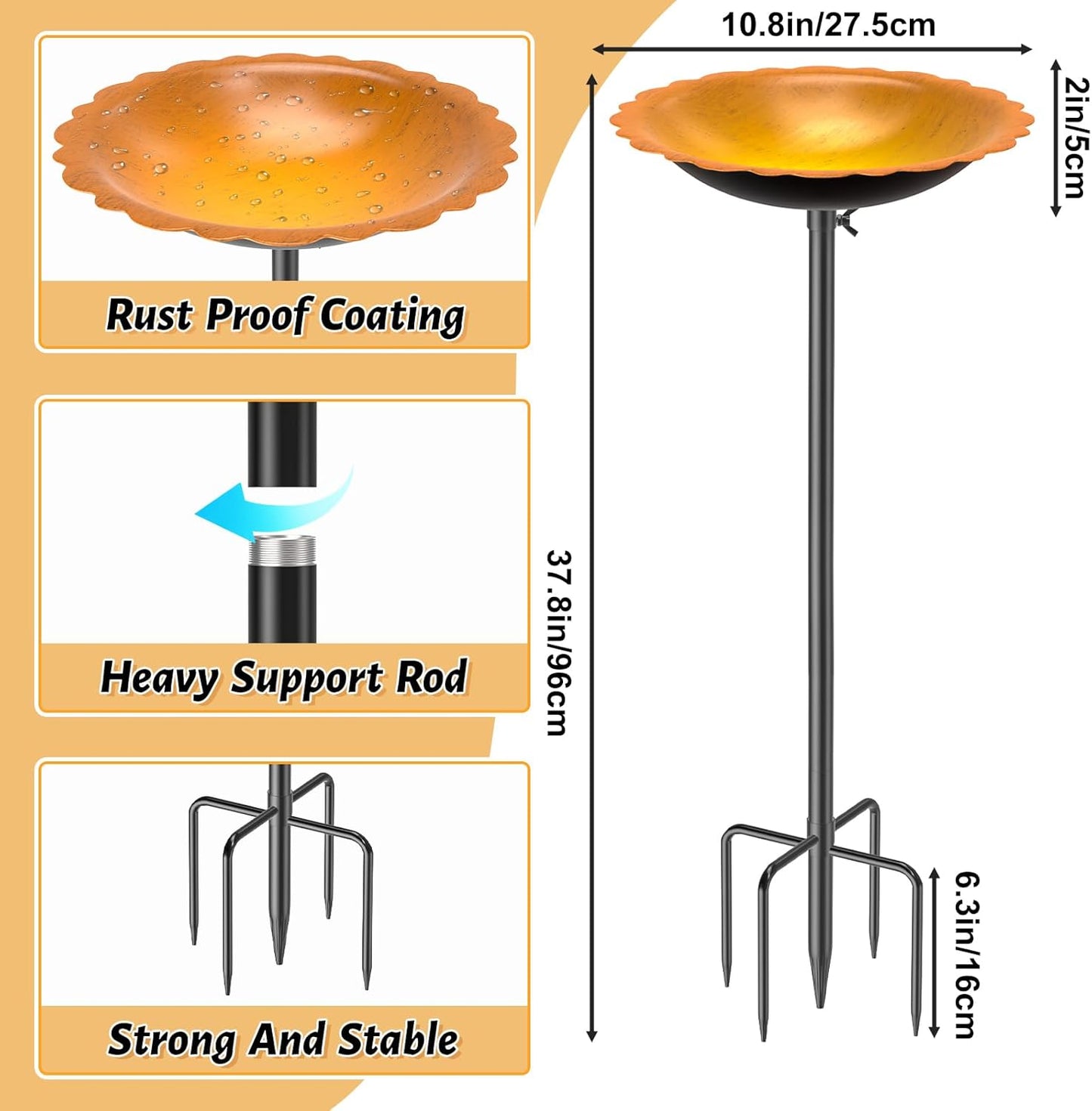 MeyRoliz Metal Bird Bath for Outside, Detachable Birdbath Birdfeeder Bowl, Freestanding Birdfeeders Bird Bath Bowl for Garden (Orange)