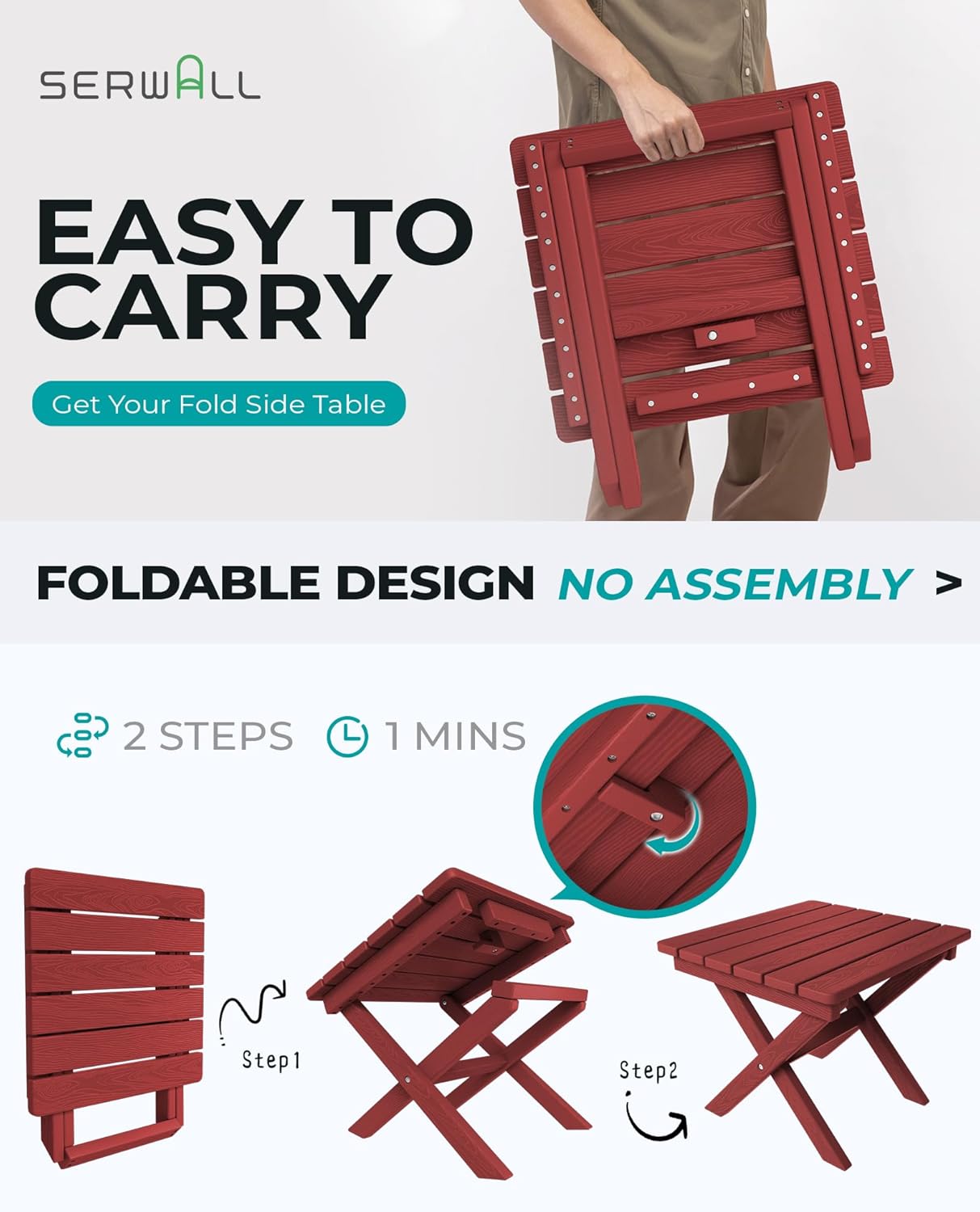 SERWALL Folding Outdoor Side Table Set of 2, Portable Adirondack Side Table, Red