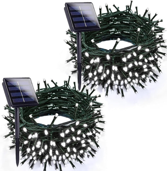 Cool White Solar Christmas Lights Outdoor Decorations Waterproof, Tatal 2 Pack 200LED 66FT Solar String Lights Green Wire with 8 Modes, Christmas Fairy Light for Xmas Tree Party Wedding Garden Decor
