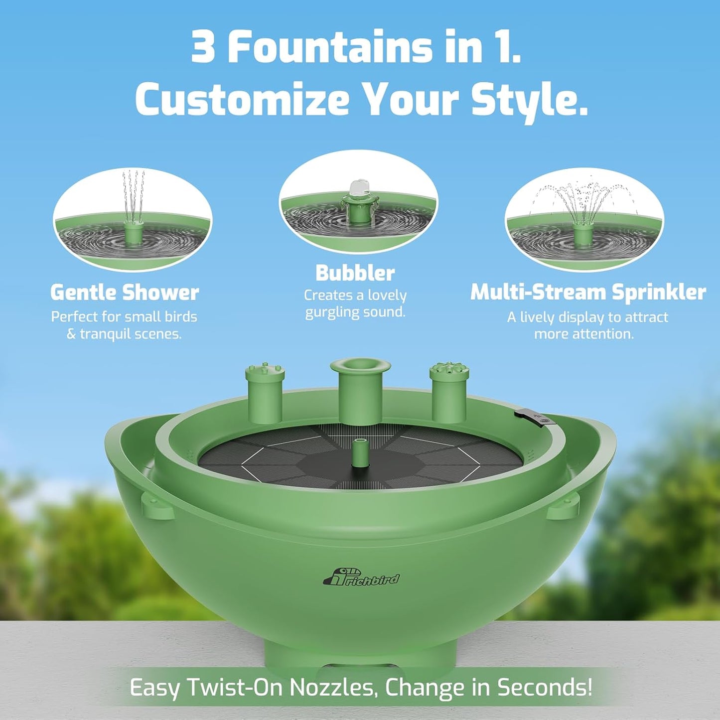 Solar Bird Bath Fountain with Battery, 3-in-1 Hanging & Freestanding Birdbath with Low-Water Protection & 3 Nozzles for Garden, Patio Decor (Forest Green)