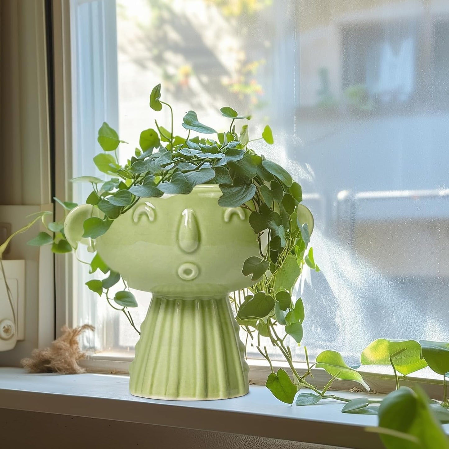Face Planter Pot - 7 Inch Ceramic Head Planter for Indoor Plants Outdoor, Cute Succulent Flower Pots with Drainage Hole, Room Home Garden Decor, Gardening Gifts, Green