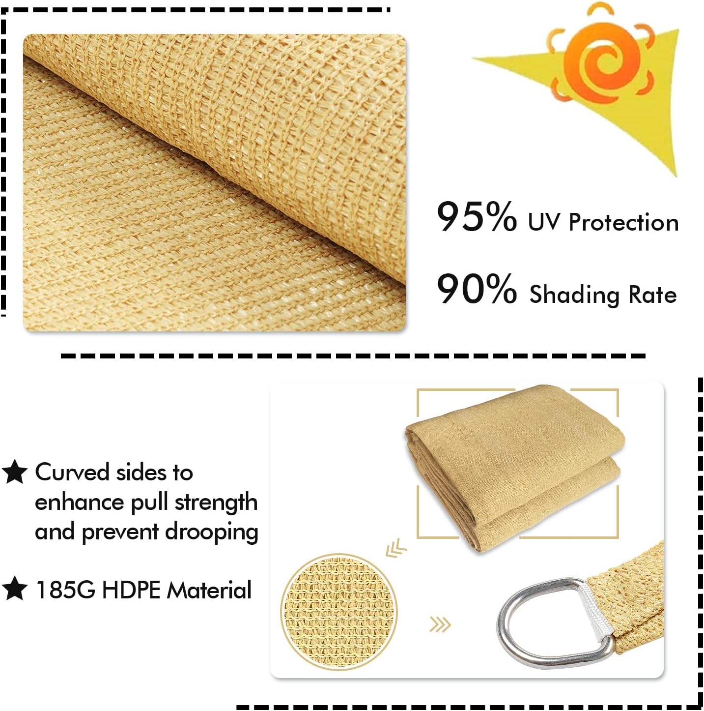 KANAGAWA 6'X12' Sand Custom Size Sun Shade Sail Rectangle UV Block Canopy Cover for Patio Backyard Lawn Garden Outdoor (Customized Available)