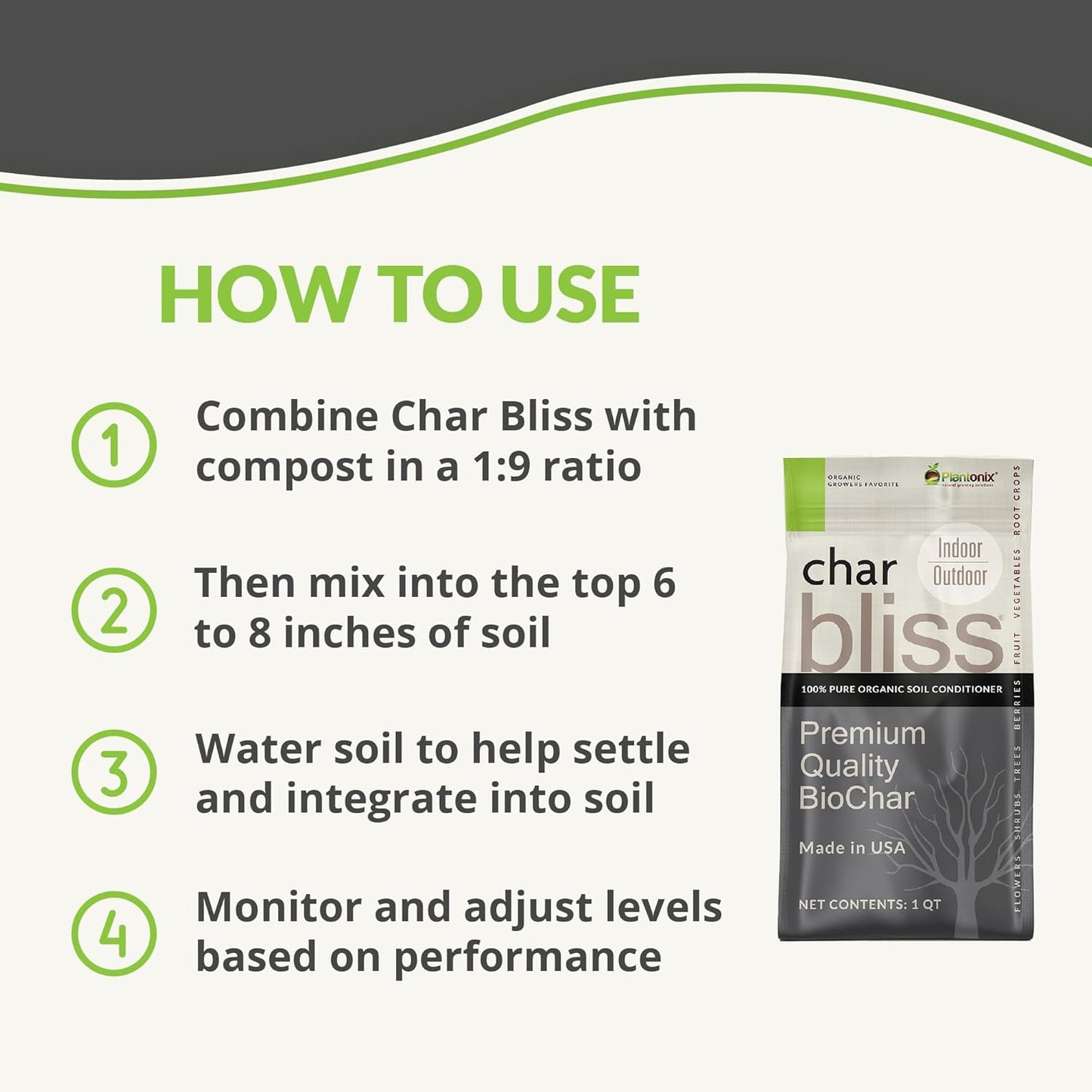 Char Bliss (8 Qts) - Organic Biochar for Plants - OMRI-Listed Biochar Soil Amendment Organic - Bio Char for Plants - Horticultural Charcoal for Plants, Potting Soil, Garden Soil, & Potting Mixes