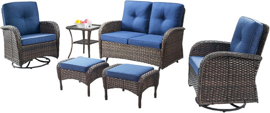 6 Piece Patio Conversation Sets - Wicker Patio Furniture Sets with Outdoor Swivel Rocker Chairs, Glider Loveseat Perfect for Patio Deck Backyard, Brown Wicker Blue Cushion