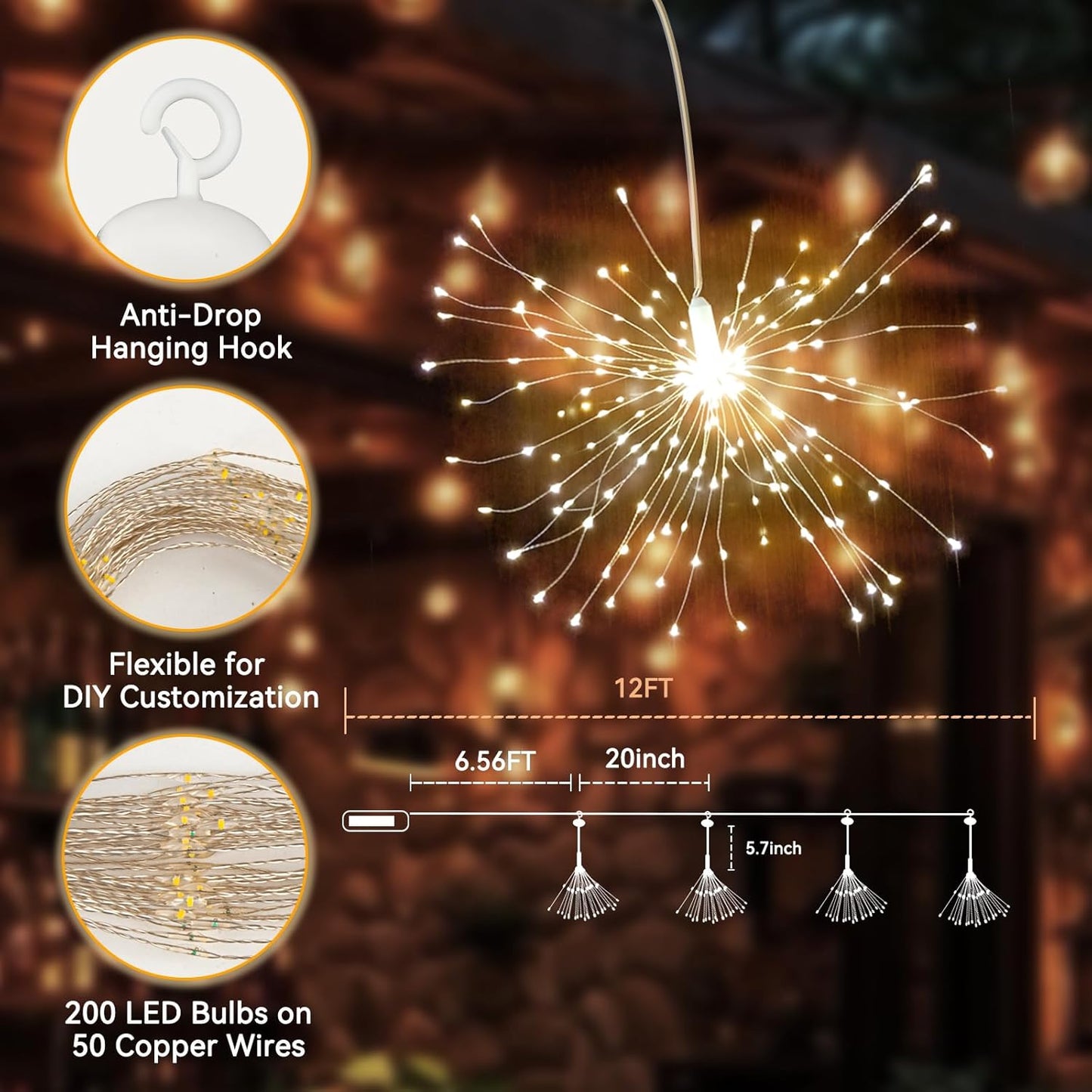 SeaShine 800LED Fireworks Lights Outdoor, Rechargeable Hanging Fairy Starburst Lights, Waterproof Smart Firework Light with Remotes, 8 Modes, Timer for Garden Weddings Outdoor Christmas Decor 4 Pack
