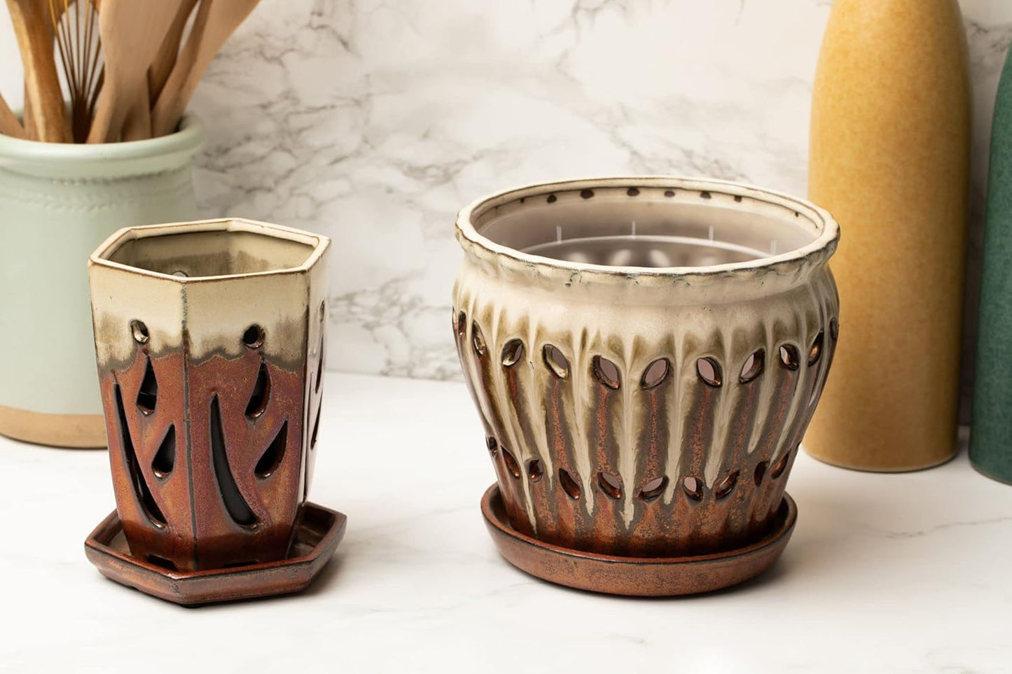 rePotme 4 x 6 inch Hexagon Ceramic Orchid Pot with Holes (Midnight Blue) - Ideal Plant Pot for Repotting Orchids and Other Flowers - Indoor/Outdoor