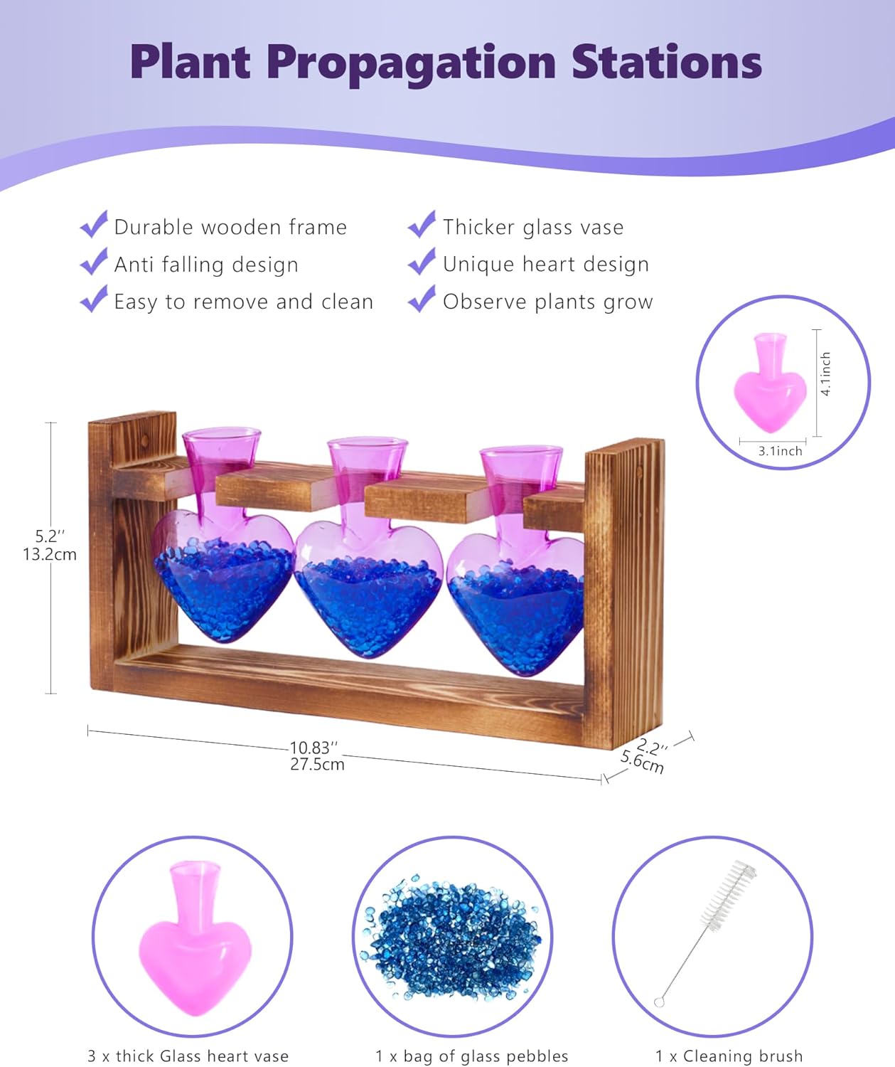 Nacome Plant Terrarium for Office Decor: Birthday Gifts for Plant Lovers Women Mom Wife - Wooden Stand Tabletop Planter 3 Bulb Glass Vase Heart Shaped for Hydroponics Indoor Home(Purple)