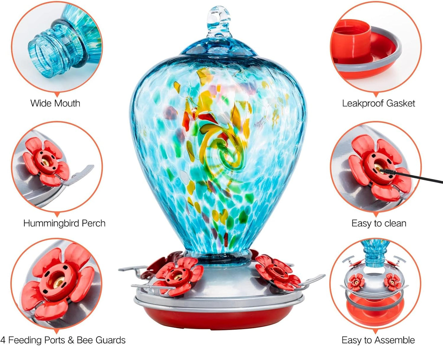 Muse Garden Hummingbird Feeders for Outdoors Hanging, Blown Glass Hummingbird Feeder Unique Gifts for Women, Containing Ant Moat, Garden Decor, 34 Ounces, Blue Chatoyant