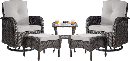 Small Conversation Sets Patio Funiture - 5 Piece Outdoor Swivel Rocker Wicker Furniture Sets with Ottomans Side Table Perfect for Patio Deck Backyard, Brown Wicker Beige Cushion