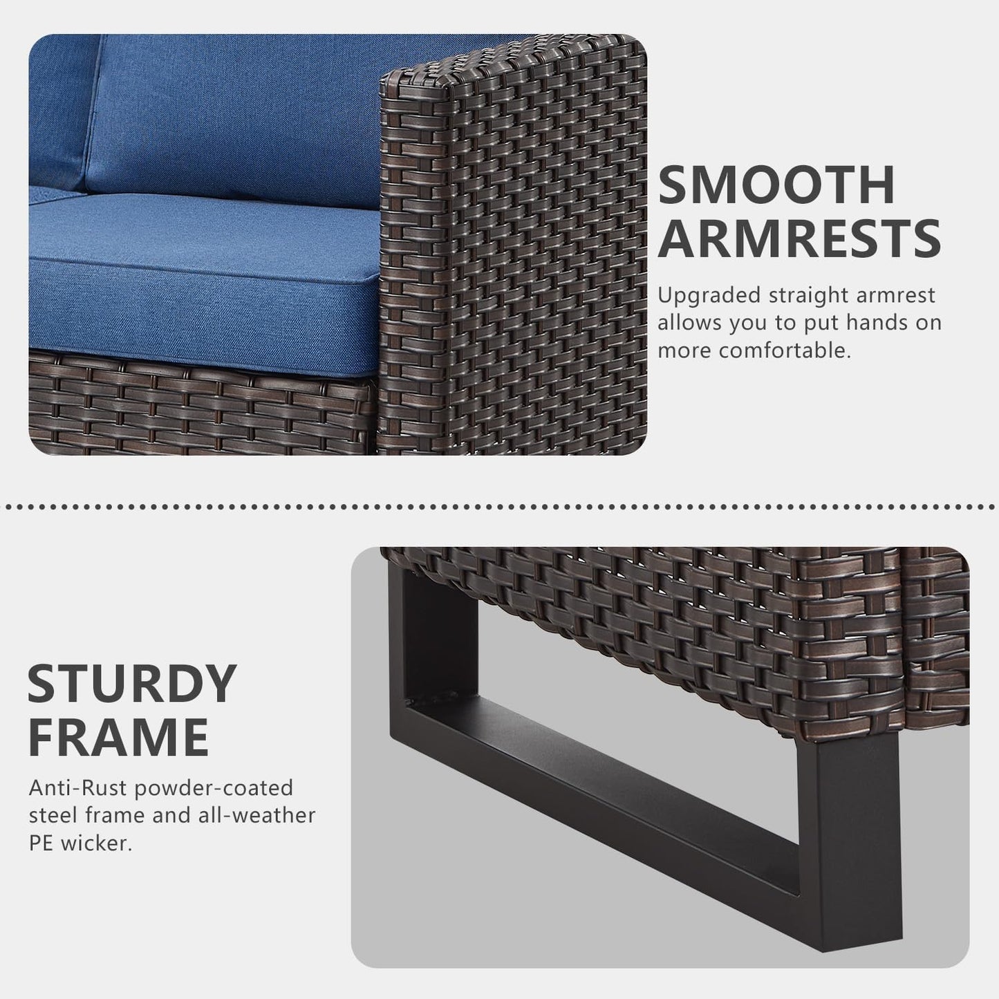 HUMMUH 8 Piece Patio Furniture Set PE Wicker Outdoor Sectional Sofa and Patio Swivel Chairs Outdoor Dining Table Ottomans for Porch,Garden,Backyard,Deck(Brown/Blue)