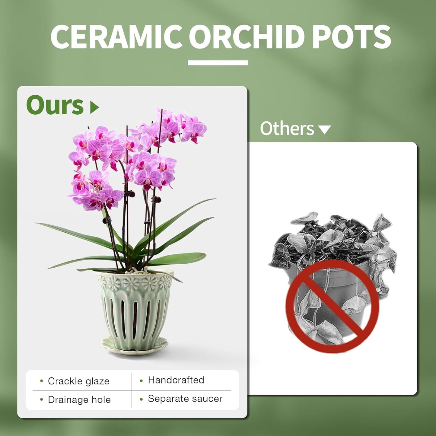 5" Ceramic Orchid Pots with Holes | Crackle Glazed Orchid Pot with Drainage and Separate Saucer | Ideal Plant Pot for Repotting Orchids and Other Flowers(Green)