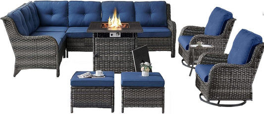 Outdoor Sectional Furniture Sofa Set with 50000BTU Propane Fire Pit Table, Wicker Patio Conversation Set with 2 Swivel Rocker Glider Chairs Blue Cushion Perfect for Backyard Casual Gathering