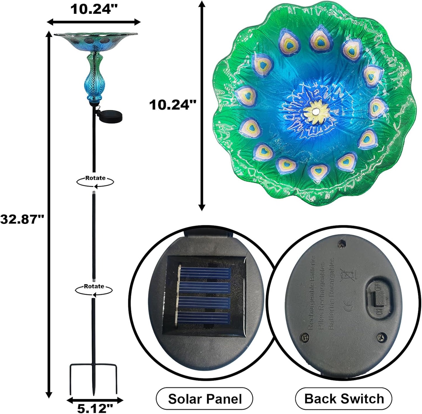 Blue Peacock Ground Stake Solar Bird Feeder for Outside,Bird Pond Outdoor Glass BirdBath with Metal Stake Garden Yard Outdoor, Garden Decoration Yard 32 inches