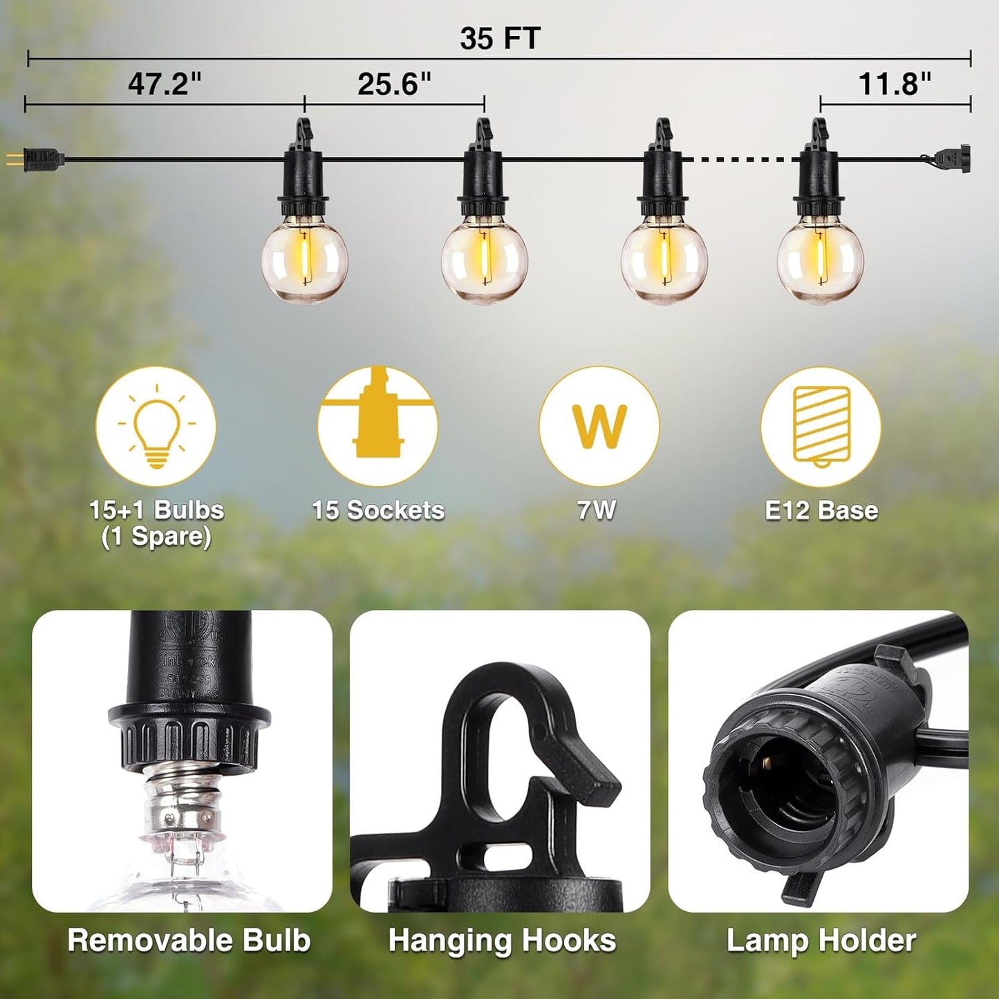 ZJOJO 35FT Outdoor String Lights, G40 Globe Outdoor Lights with 15 Shatterproof LED Bulbs 2700K, IP65 Waterproof Patio Light