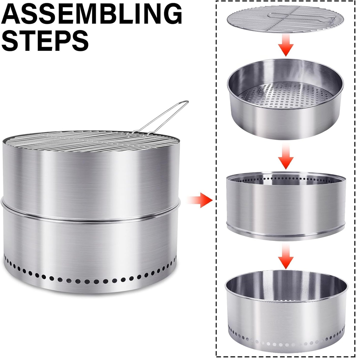 HGD 19.8 Inch Smokeless Firepit with Grill, Portable Wood Burning Fire Pit for Camping & Backyard, Stainless Steel Outdoor Fireplace with Travel Bag, Easy Setup & Compact Storage - Foldable Design