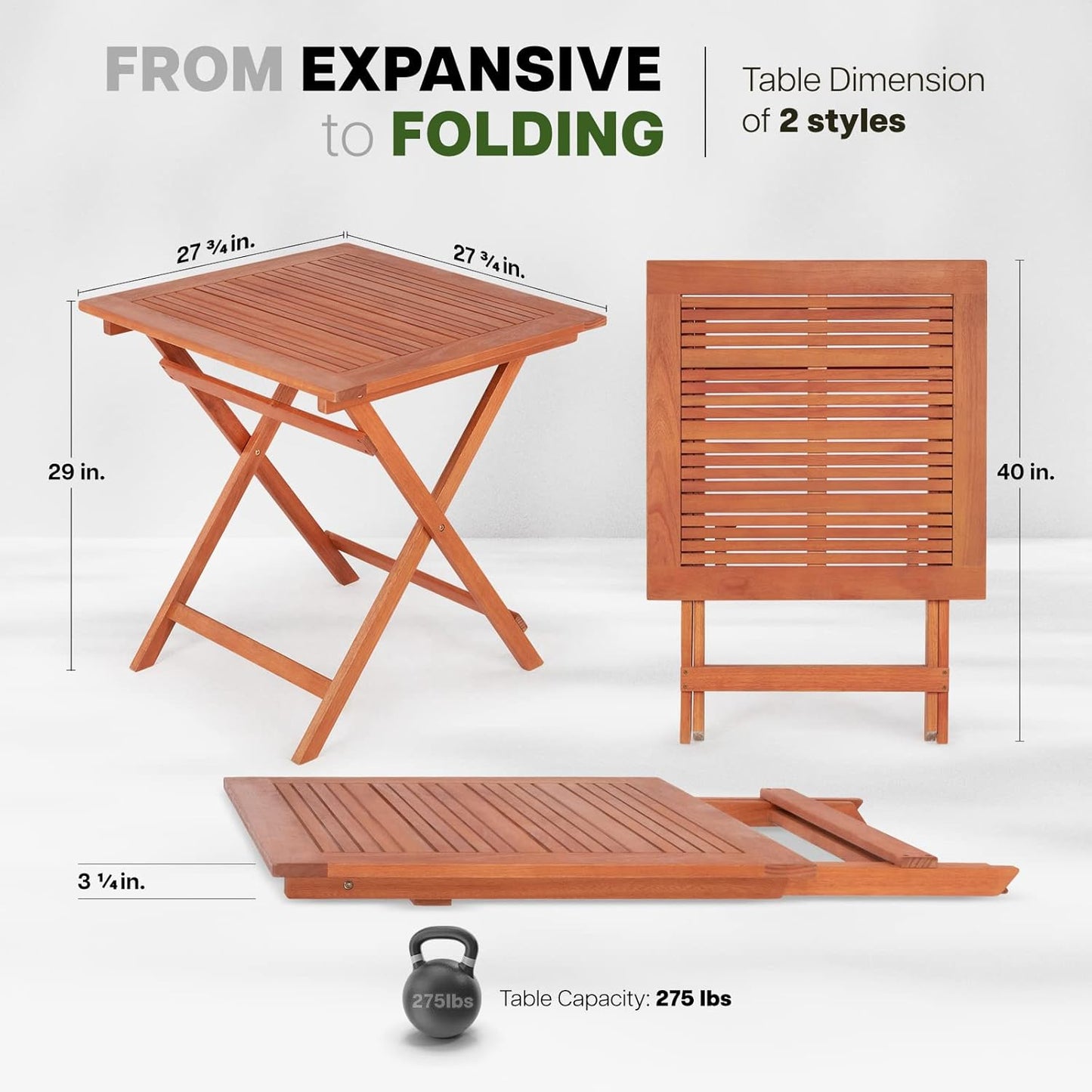 IDZO Eucalyptus Wood Patio Dining Table, 27.75 Inch x 27.75 Inch, Heavy Duty 275lbs Capacity Furniture for Garden, Patio, Balcony