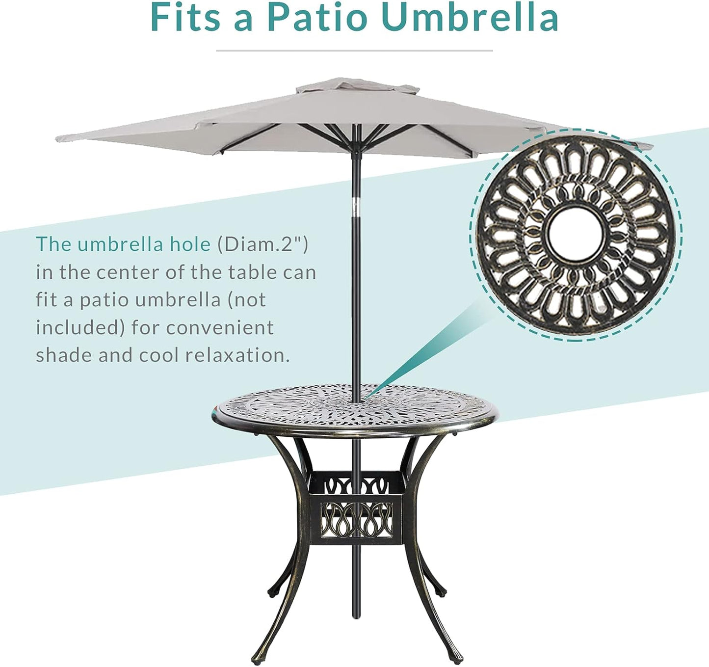 MEETWARM 3 Piece Patio Bistro Set, Outdoor All-Weather Cast Aluminum Dining Furniture Set Includes 2 Chairs and a 35.4” Round Table with Umbrella Hole for Garden Deck