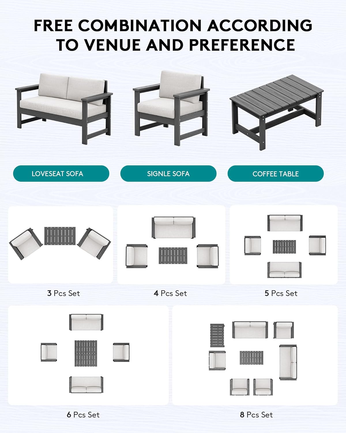 SERWALL 6 Pieces HDPE Outdoor Sofa Set with Cushions, Outdoor Conversation Couch Loveseat Furniture Set with Coffee Table for Balcony, Deck, Poolside, Grey Frame with Khaki Cushions