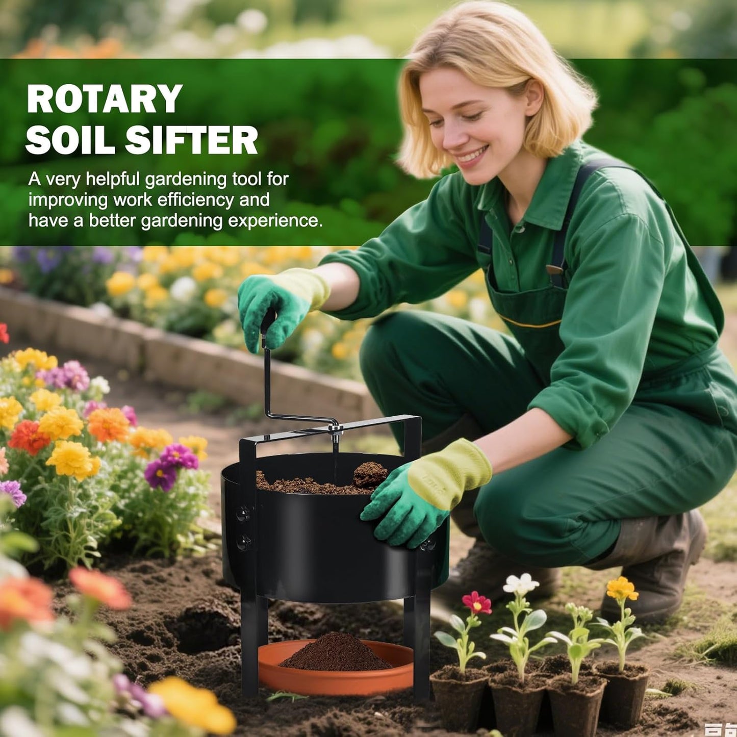 Upgraded Rotary Soil Sifter, Dirt Sifter with 4 Replaceable Garden Sieve 0.12/0.24/0.35/0.47 Inch Soil Screen, Rock Compost Bin for Garden