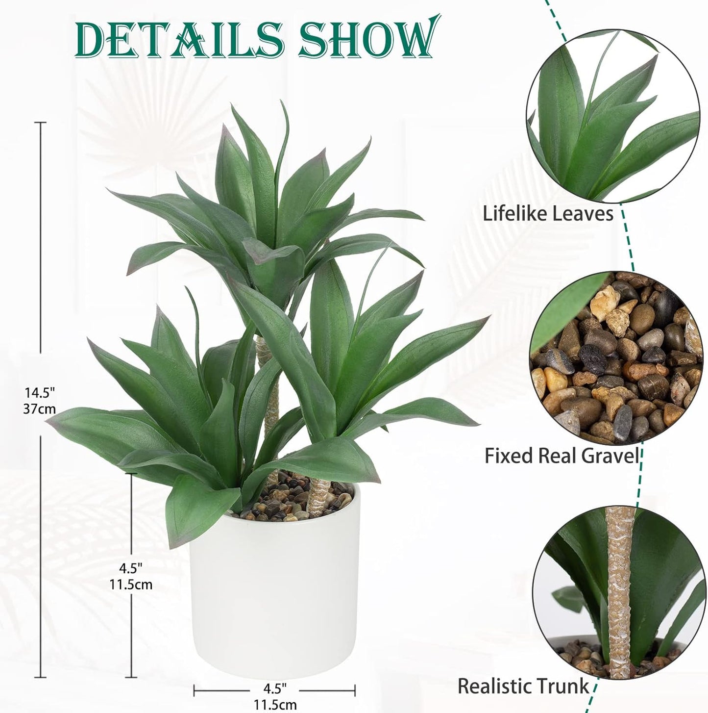 Hollyone Large Artificial Agave Plants Fake Three-Head Agave Succulent Plant Potted 15" Faux Plant in White Pot Succulents Aloe Plant Indoor for Desk Modern Home Decor