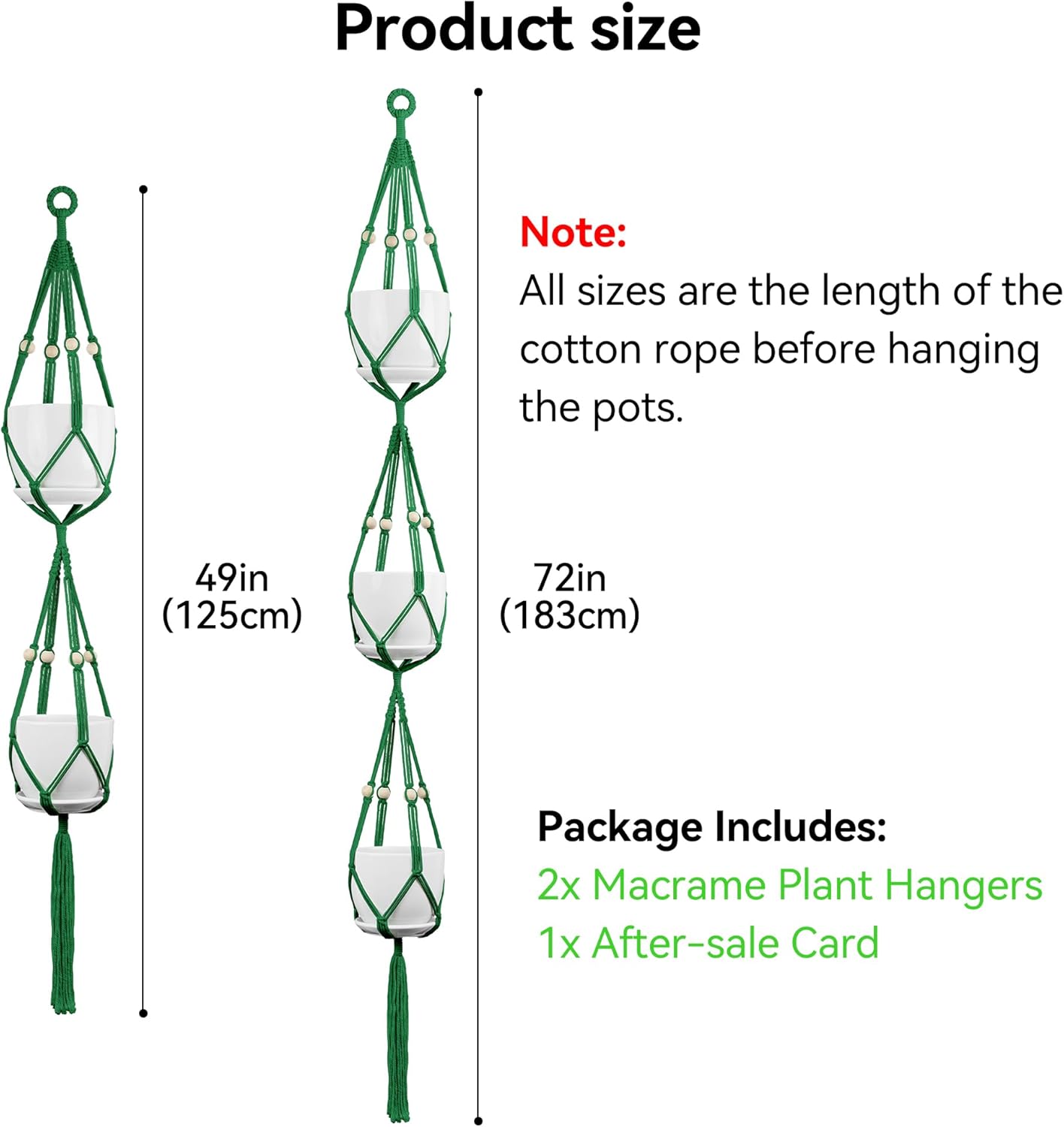 USLAI Macrame Plant Hanger Indoor Outdoor, Up to 4-15 inch Pot, Heavy 20lb Planters, Extra Long Strong Hanging Planter Basket Holder, Boho Home Decor, 49+72 Inch, Green (POTS NOT Included)