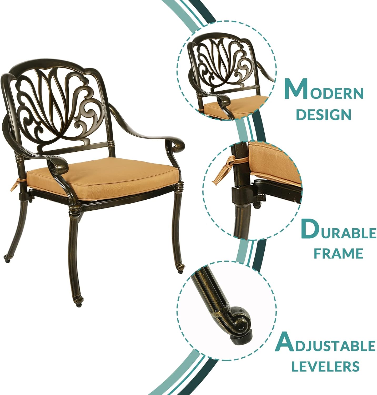 MEETWARM 3 Piece Patio Bistro Set, Outdoor All-Weather Cast Aluminum Dining Furniture Set Includes 2 Cushioned Chairs and a 35.4” Round Table with Umbrella Hole for Garden Deck