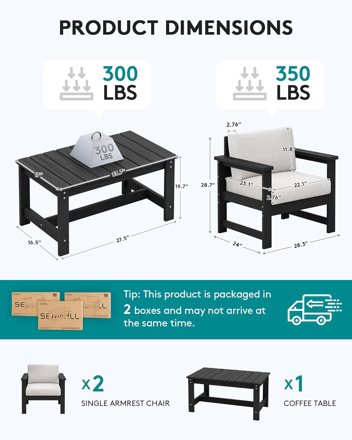 SERWALL 3 Pieces HDPE Outdoor Sofa Set with Cushions, All Weather Use Patio Couch Loveseat Furniture with Coffee Table for Balcony, Deck, Poolside, Black Frame with Khaki Cushions