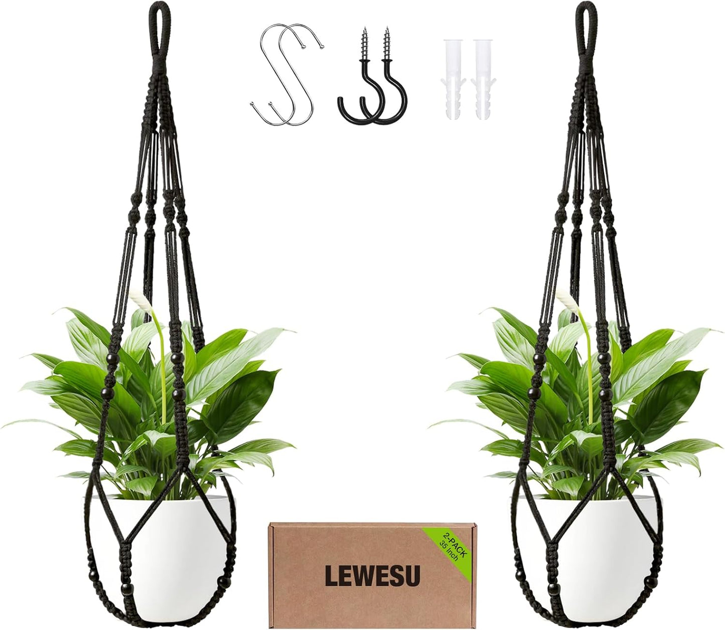 Macrame Plant Hanger Indoor Set of 2 with 4 Hooks, Indoor Outdoor Hanging Planter for Plants Holder with Decorative Wood Beads & No Tassels, Boho Home Decor, 35 Inch Black (Pots Not Included)
