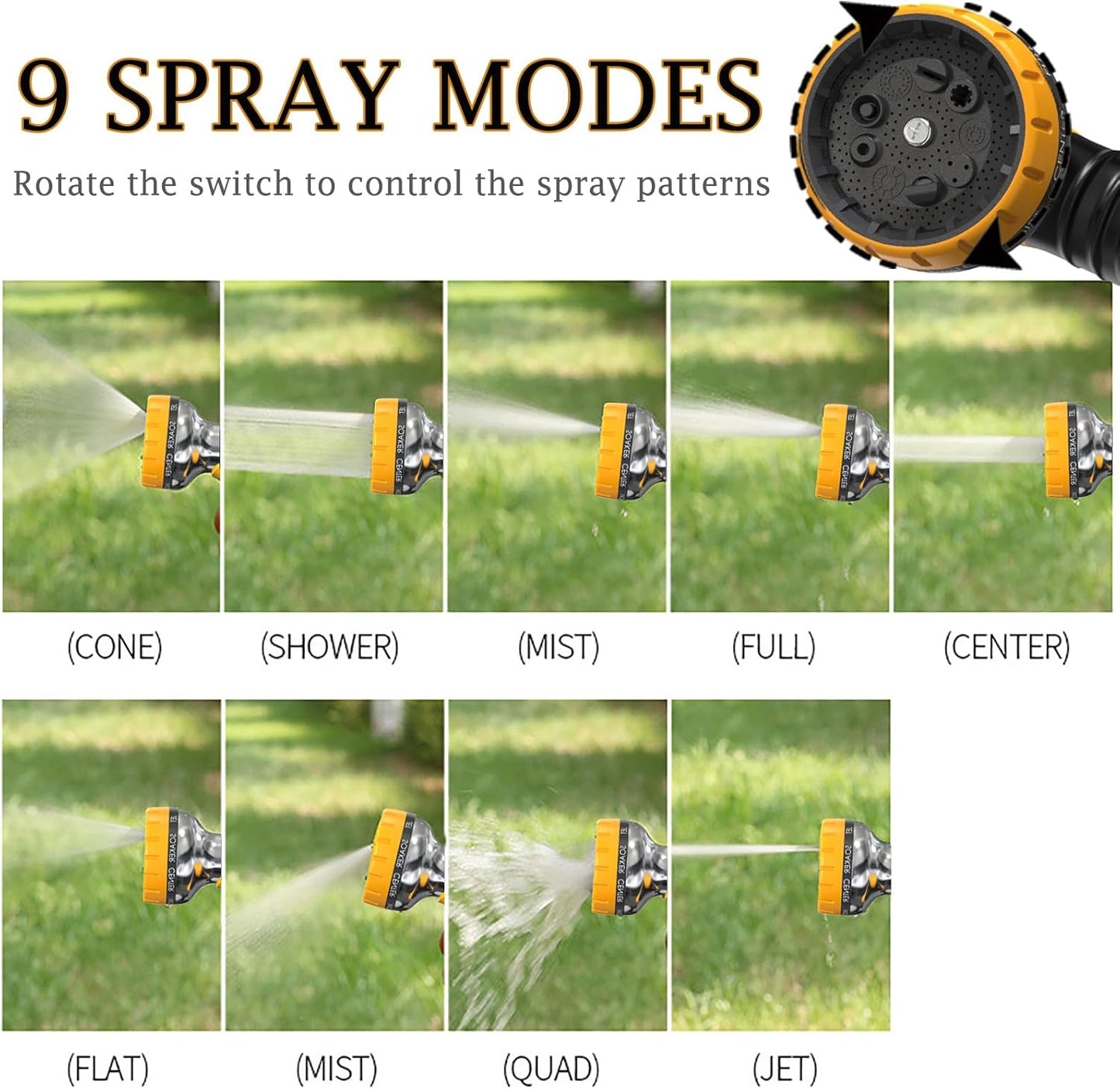 Garden Hose Nozzle, Heavy Duty Metal Water Hose Nozzle with 9 Adjustable Spray Patterns