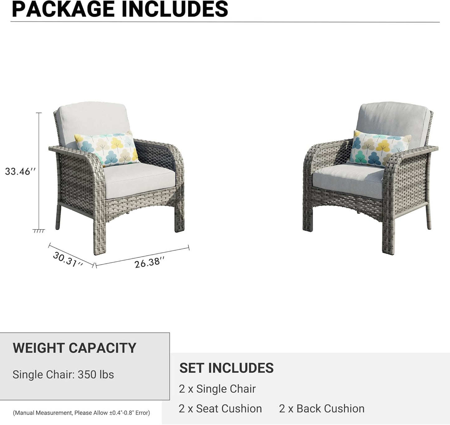 HOOOWOOO Patio Furniture Set,2 Pieces Outdoor Wicker Chairs Set,All Weather Bistro Chairs with Comfy High Back,Light Gray