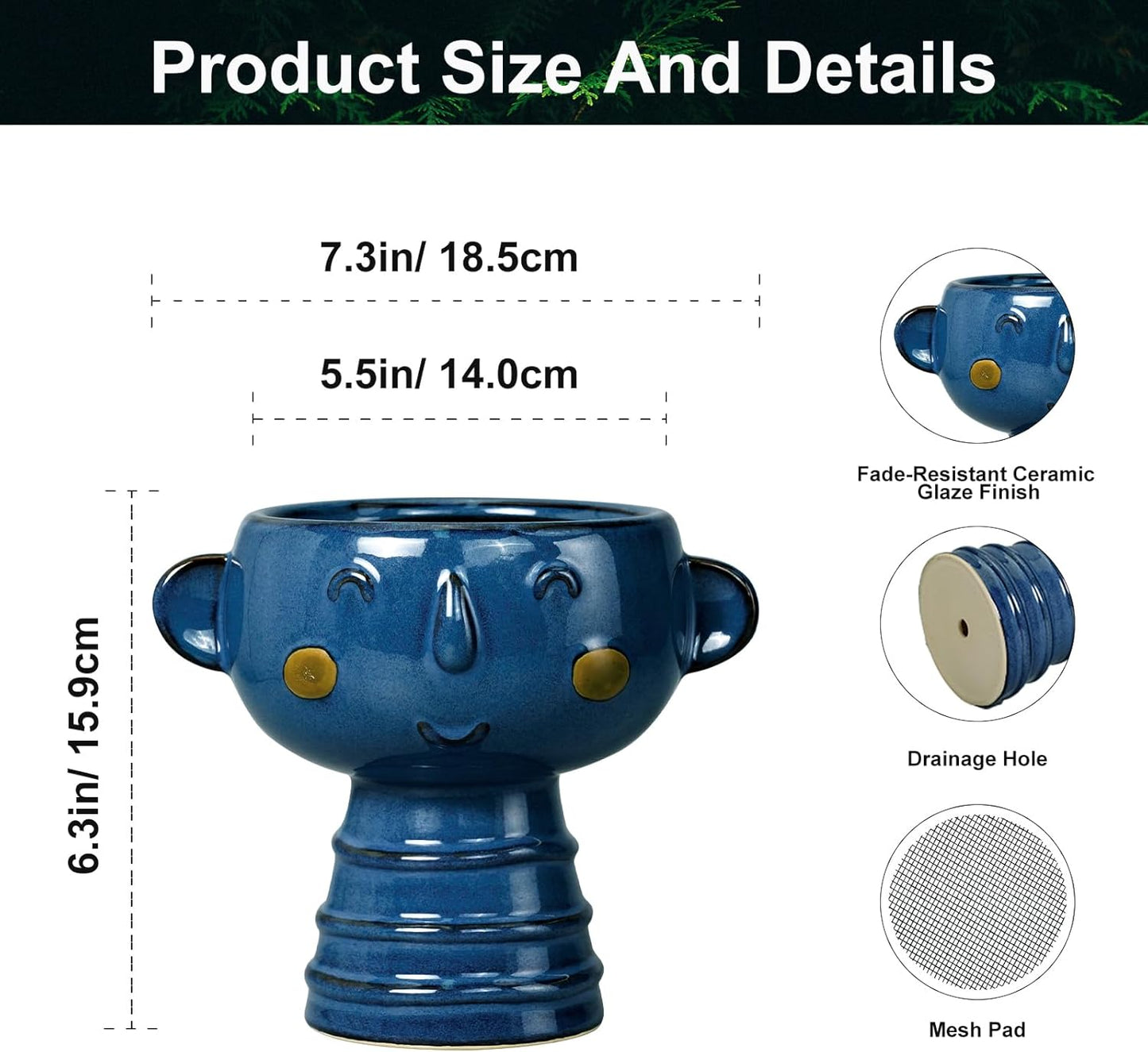 Face Planter Pot Head 7 Inch - Cute Ceramic Head Planter for Indoor Outdoor Plants Unique Flower Pot with Drainage Hole Gift Ideas for Christmas Blue