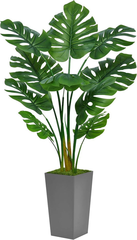 Artificial Monstera Deliciosa Plant 5FT - Faux Tropical Palm Tree with Gray Tall Planter - Fake Swiss Cheese Floor Plant Potted - Artificial Tree for Home Office Living Room Decor Indoor