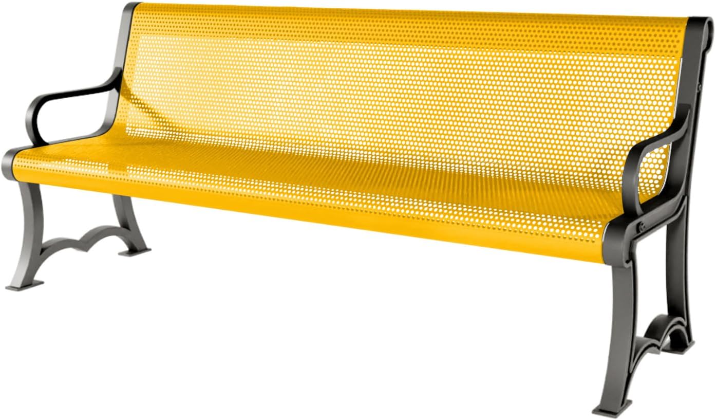 Coated Outdoor Furniture Heavy-Duty Outdoor Bench Thermoplastic Coated, Punched Steel, Commercial-Grade Garden Bench, Made in America (Portable with Back, 6 Ft, Yellow)