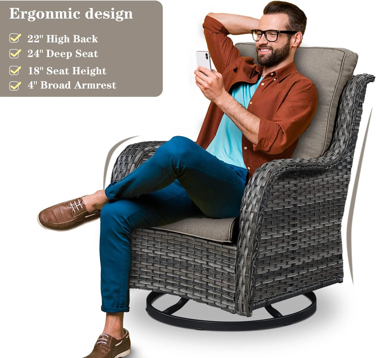 Outdoor Patio Furniture Set with 50000BTU Propane Fire Pit Table, 7 Pieces Wicker Patio Conversation Set with 2 Swivel Glider Rocker Chair Rattan Sofa Grey Cushion Perfect for Casual Gathering