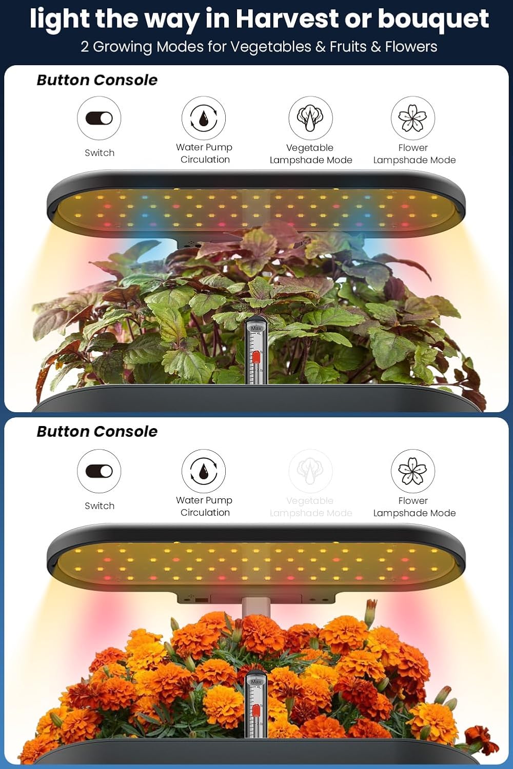 inbloom 12 Pods Hydroponics Growing System Kit, Herb Garden Planter Indoor Kit, Indoor Gardening Hydroponics Growing System with Pods, 4.2L Water Pump, Height Adjustable, Gifts for Woman, Black