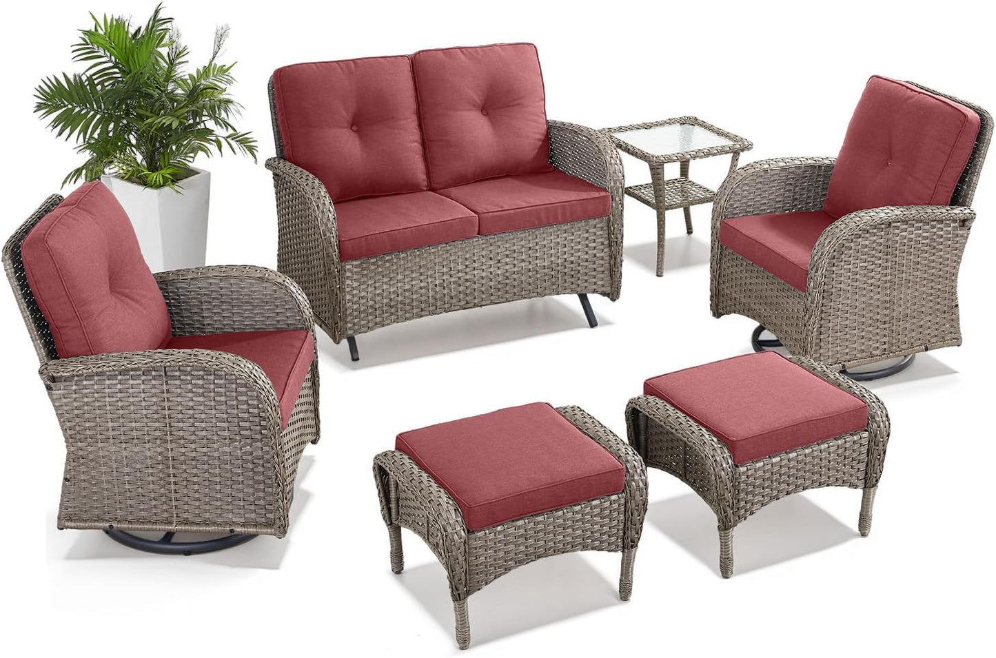 6 Pieces Wicker Patio Conversation Sets with Outdoor Swivel Rocker Chairs and Loveseat Glider Chair, All-Weather Rattan Furniture Set for Patio Deck Backyard Sunroom