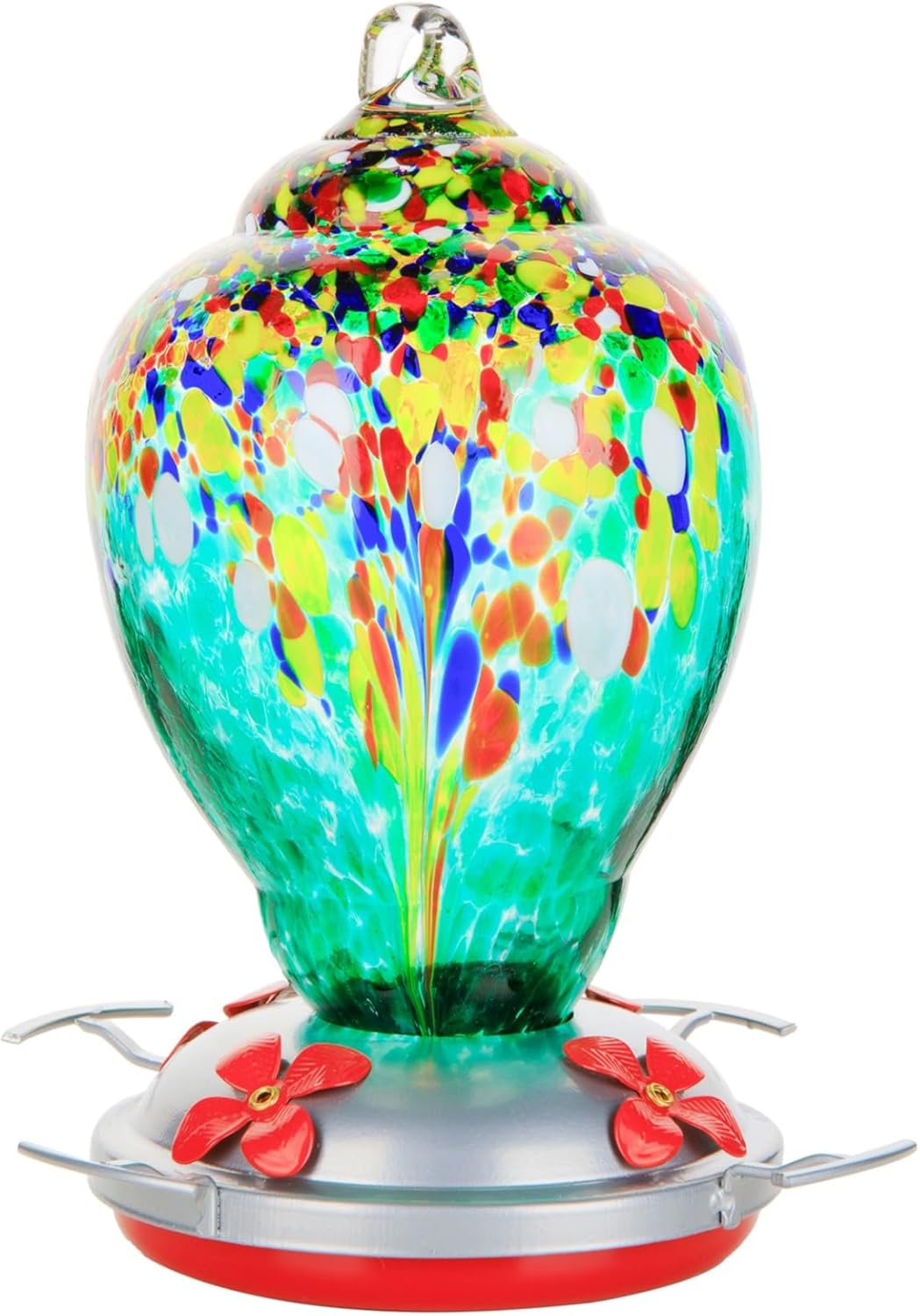 WOSIBO Hummingbird Feeder for Outdoors Patio Large 32 Ounces Colorful Hand Blown Glass Hummingbird Feeder with Ant Moat Hanging Hook, Rope, Brush and Service Card (Green)