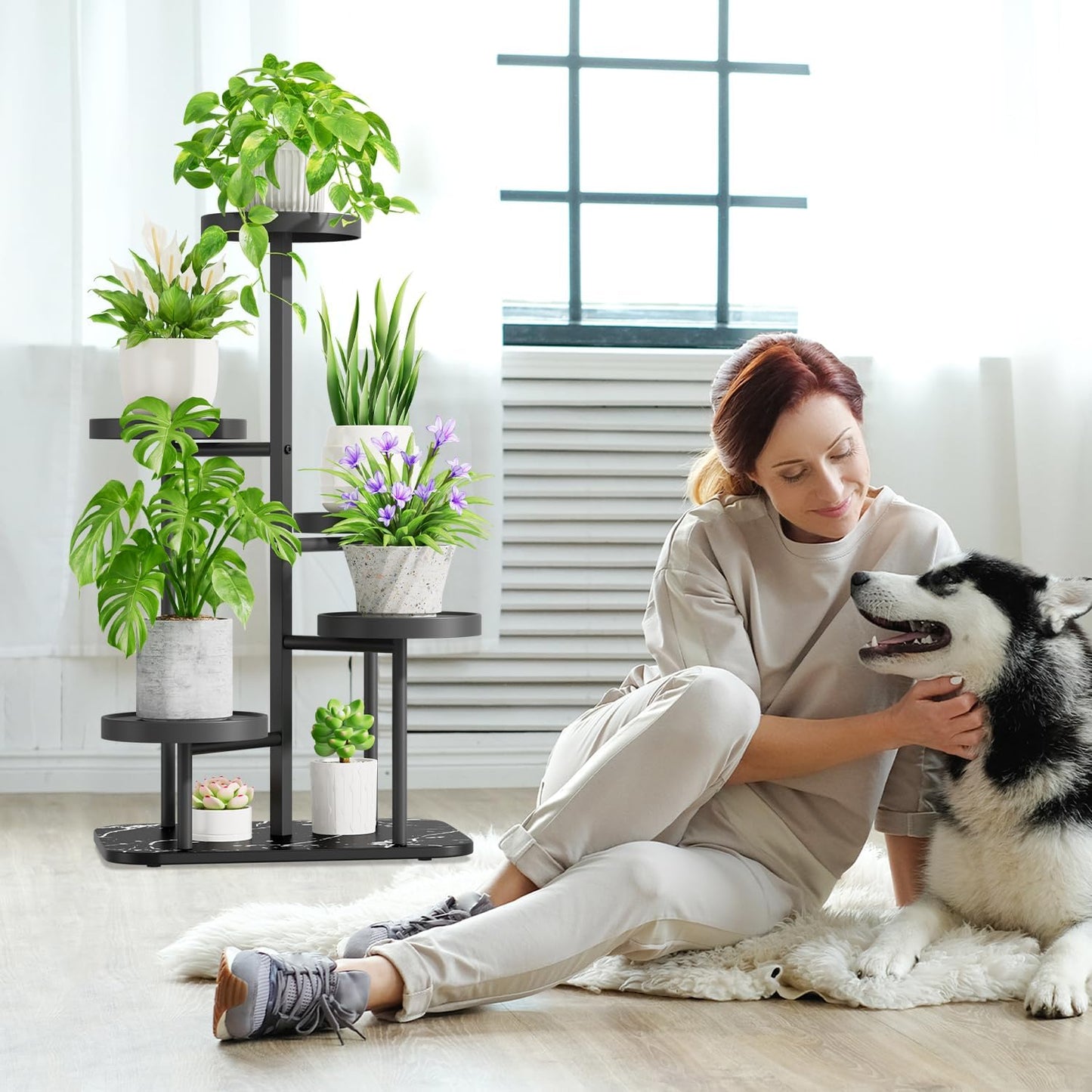 iDavosic.ly 5 Tier Plant Stand Indoor Outdoor, Tiered Corner Plant Stands for Multiple Plants, Metal Plastic Tall Plant Display Holder Flower Shelf for Patio Living Room Garden Balcony Bedroom, Black