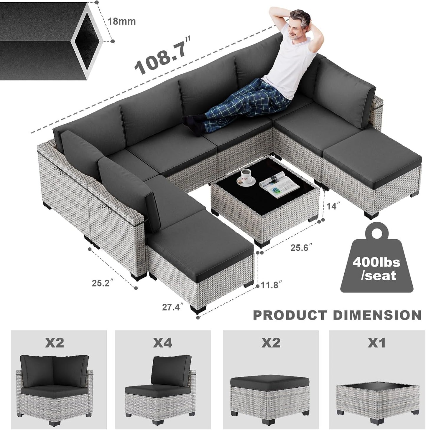 9-Piece Patio Furniture Set, Outdoor with Ottomans, Modular Patio Sofa, Dual-Strand Wicker Rattan, Rust-Resistant Frame, Backyard Furniture for Garden, Deck, Black