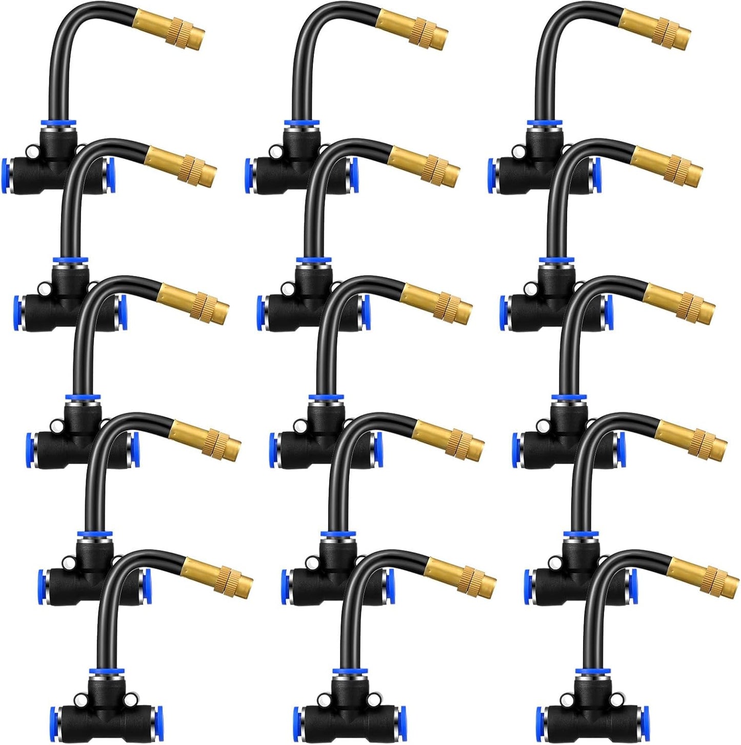Zonon Brass Misting Nozzles Tee with Built in Hose 360 Degree Rotation Adjustable Water Mister Nozzles Thread Sprayer 0.043" Misting Parts and Accessories for Patio Outdoor Cooling(15 Pcs,4 Inch)