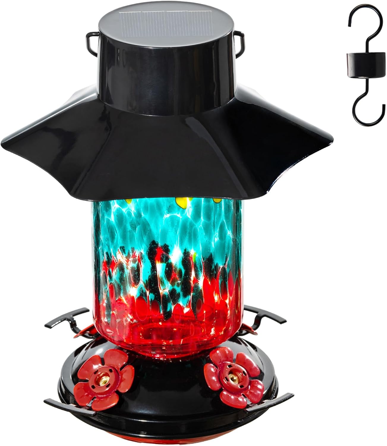 Muse Garden Gifts for Women Solar Hummingbird Feeders for Outdoors Hanging Ant and Bee Proof, Hand Blown Glass Lantern Garden Decor, Moms Birthday Unique, 28oz, Teal Yellow