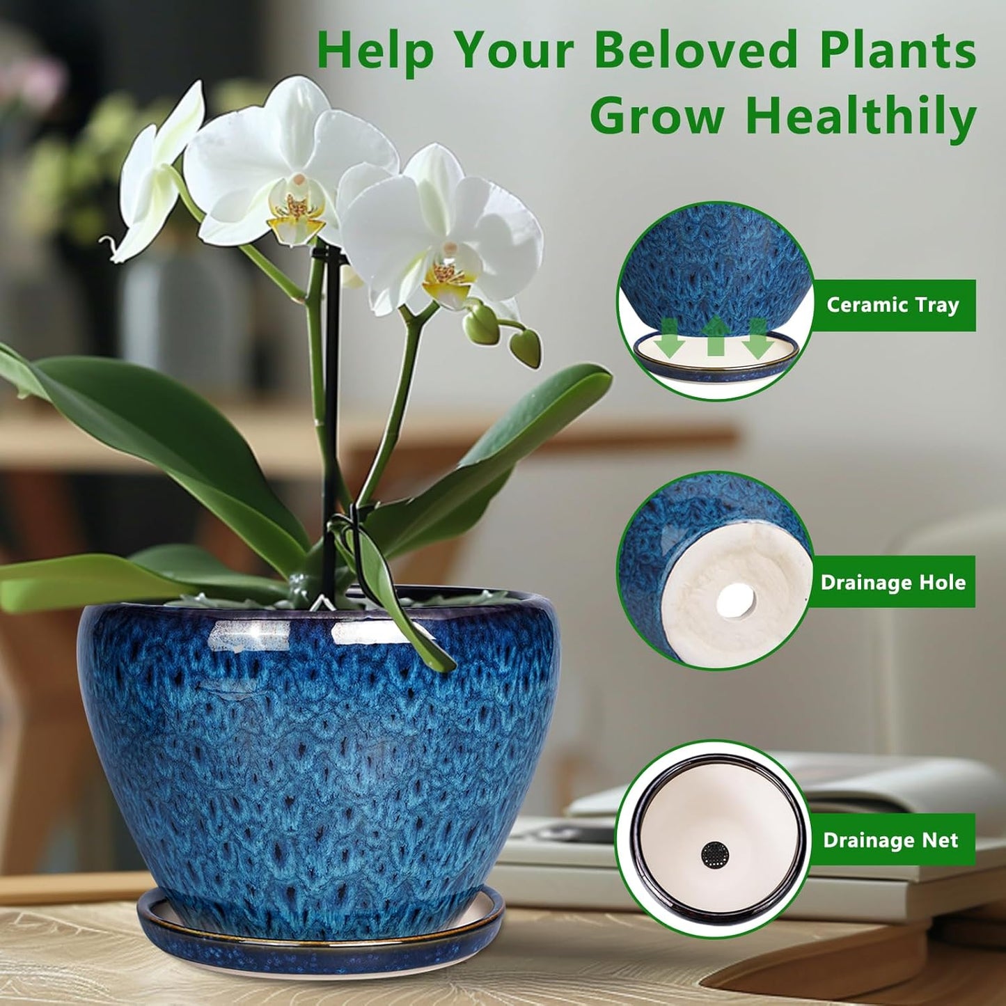 10 Inch Ceramic Planter Pot, Ceramic Plant Pot for Indoor Outdoor Plants, Large Flower Pot with Drainage Hole and Saucer, Blue