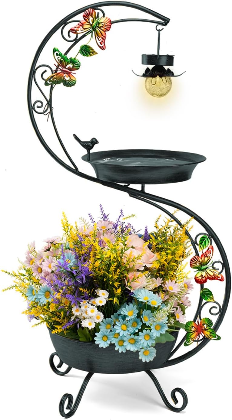 Bird Bath for Outside with Solar Lamp, 36" Birdbaths for Outdoors with Planter Flower Pot, Metal Bird Bath Bowl for Garden Yard Decor (All Black)