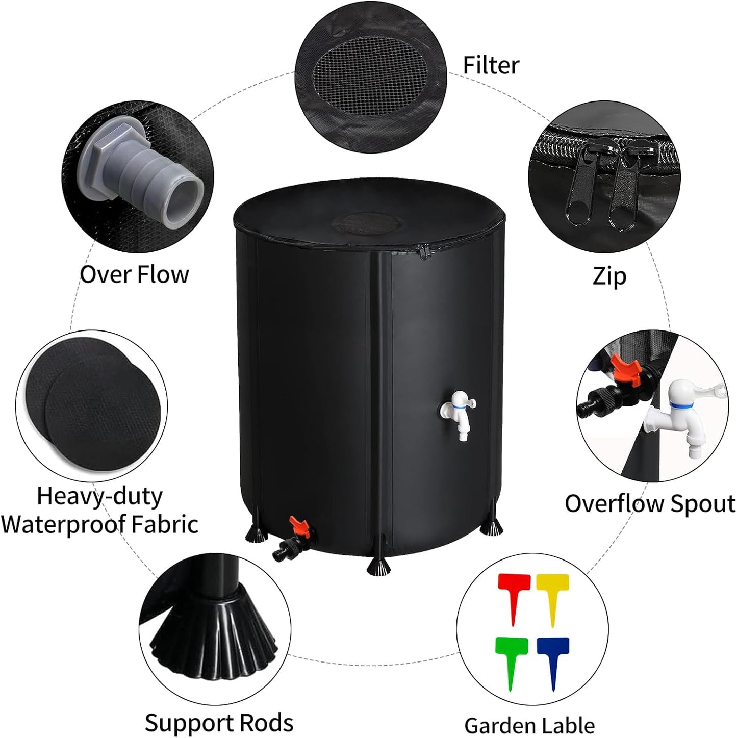 50 Gallon Collapsible Rain Barrel, Water Storage Tank, Portable Rainwater Collection System, Rain Catcher Barrel with Two Spigots and Overflow Kit, Rain Water Barrel Collector for Garden, Black